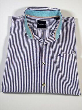 Tommy Bahama Button Up Shirt Xl Long Sleeve Striped 100% Pima Cotton Blue White